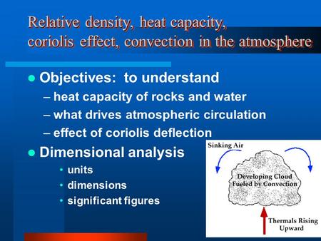 Relative density, heat capacity, coriolis effect, convection in the atmosphere Objectives: to understand –heat capacity of rocks and water –what drives.