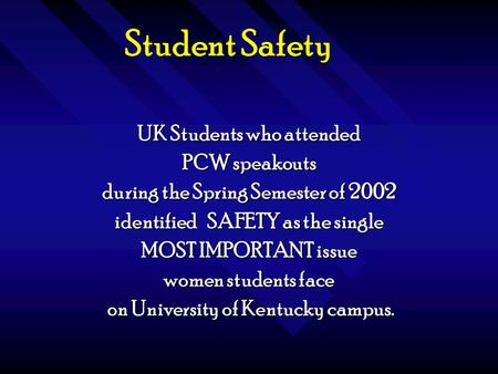 Student Safety UK Students who attended PCW speakouts during the Spring Semester of 2002 identified SAFETY as the single MOST IMPORTANT issue women students.