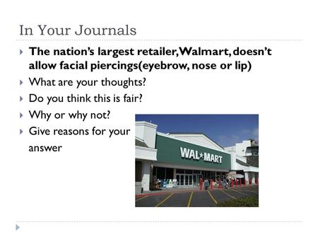 In Your Journals The nation’s largest retailer,Walmart, doesn’t allow facial piercings(eyebrow, nose or lip) What are your thoughts? Do you think this.