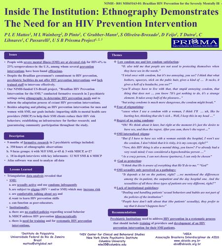 NIMH - R01 MH65163-01: Brazilian HIV Prevention for the Severely Mentally Ill - Inside The Institution: Ethnography Demonstrates The Need for an HIV Prevention.