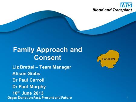 Organ Donation Past, Present and Future Family Approach and Consent Liz Brettel – Team Manager Alison Gibbs Dr Paul Carroll Dr Paul Murphy 10 th June 2013.