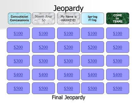 Jeopardy $100ConcussionConcessionsNinety-Four50 My Name is HAWKEYE!SpringFlingCOMEtoTERMS $200 $300 $400 $500 $400 $300 $200 $100 $500 $400 $300 $200.
