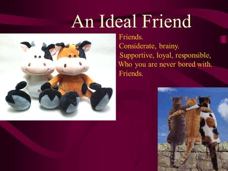 An Ideal Friend Friends. Considerate, brainy. Supportive, loyal, responsible, Who you are never bored with. Friends.