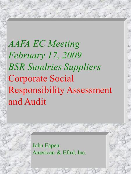AAFA EC Meeting February 17, 2009 BSR Sundries Suppliers Corporate Social Responsibility Assessment and Audit John Eapen American & Efird, Inc.