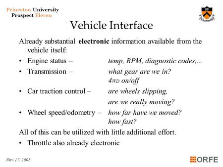 Princeton University Prospect Eleven Nov. 17, 2005 Vehicle Interface Already substantial electronic information available from the vehicle itself: Engine.