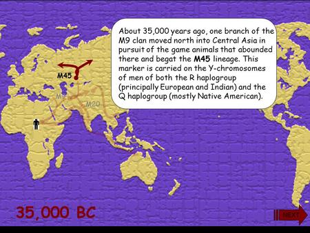 35,000 BC M175 M45 M20 M9 About 35,000 years ago, one branch of the M9 clan moved north into Central Asia in pursuit of the game animals that abounded.