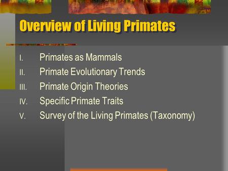 Overview of Living Primates I. Primates as Mammals II. Primate Evolutionary Trends III. Primate Origin Theories IV. Specific Primate Traits V. Survey of.