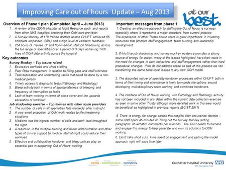 Improving Care out of hours Update – Aug 2013 Overview of Phase 1 plan (Completed April – June 2013) 1.A review of the (2004) Hospital at Night Resource.