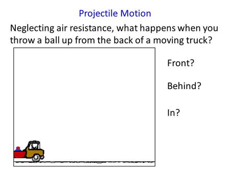 Projectile Motion Neglecting air resistance, what happens when you throw a ball up from the back of a moving truck? Front? Behind? In?