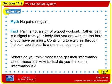 Myth No pain, no gain. Fact Pain is not a sign of a good workout. Rather, pain is a signal from your body that you are working too hard or you have an.