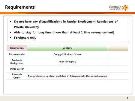 1 Requirements  Do not have any disqualifications in Faculty Employment Regulations of Private University  Able to stay for long time (more than at least.