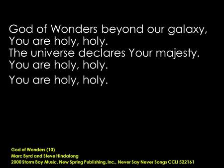 God of Wonders beyond our galaxy, You are holy, holy. The universe declares Your majesty. You are holy, holy. God of Wonders (10) Marc Byrd and Steve Hindalong.