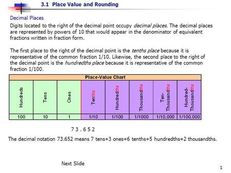 3.1 Place Value and Rounding 1 Decimal Places Digits located to the right of the decimal point occupy decimal places. The decimal places are represented.