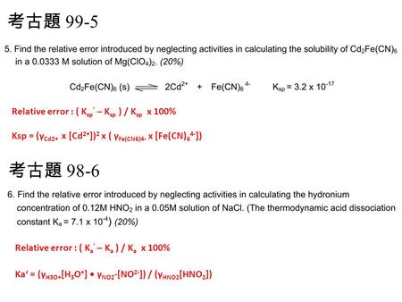 考古題 99-5 Relative error : ( Ksp’ – Ksp ) / Ksp x 100% Ksp = (γCd2+ x [Cd2+])2 x ( γFe(CN6)4- x [Fe(CN)64-]) 考古題 98-6 Relative error : ( Ka’ – Ka.