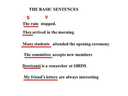 THE BASIC SENTENCES The rainstopped. Theyarrived in the morning. Many studentsattended the opening ceremony. The committeeaccepts new members Dewiyantiis.