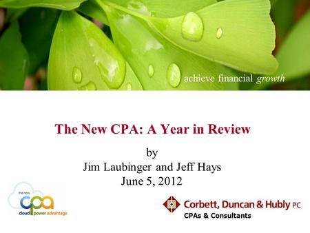 Achieve financial growth CPAs & Consultants The New CPA: A Year in Review by Jim Laubinger and Jeff Hays June 5, 2012.