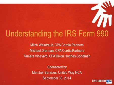 Understanding the IRS Form 990 Mitch Weintraub, CPA Cordia Partners Michael Drennan, CPA Cordia Partners Tamara Vineyard, CPA Dixon Hughes Goodman Sponsored.