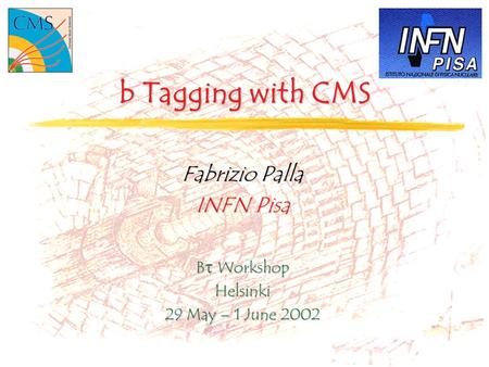 B Tagging with CMS Fabrizio Palla INFN Pisa B  Workshop Helsinki 29 May – 1 June 2002.