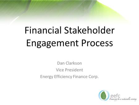 Financial Stakeholder Engagement Process Dan Clarkson Vice President Energy Efficiency Finance Corp.