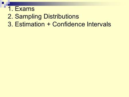 1. Exams 2. Sampling Distributions 3. Estimation + Confidence Intervals.
