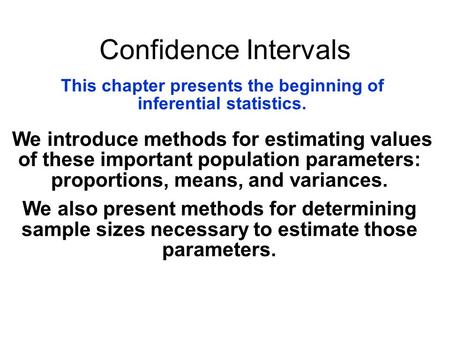Confidence Intervals This chapter presents the beginning of inferential statistics. We introduce methods for estimating values of these important population.