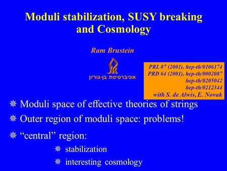 אוניברסיטת בן - גוריון Ram Brustein  Moduli space of effective theories of strings  Outer region of moduli space: problems!  “central” region:  stabilization.