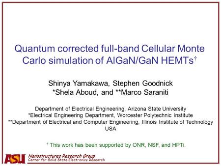 Nanostructures Research Group Center for Solid State Electronics Research Quantum corrected full-band Cellular Monte Carlo simulation of AlGaN/GaN HEMTs.