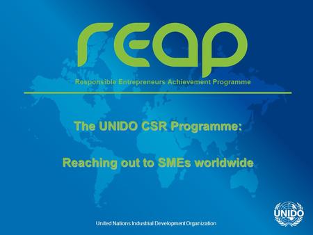 United Nations Industrial Development Organization The UNIDO CSR Programme: Reaching out to SMEs worldwide Responsible Entrepreneurs Achievement Programme.