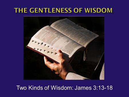Two Kinds of Wisdom: James 3:13-18.  James 3:13-16 Who among you is wise and understanding? Let him show by his good behavior his deeds in the gentleness.