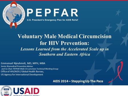 PEPFAR Emmanuel Njeuhmeli, MD, MPH, MBA Senior Biomedical Prevention Advisor and Co-Chair PEPFAR Male Circumcision Technical Working Group Office of HIV/AIDS.