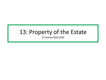 13: Property of the Estate © Charles Tabb 2010. What is “property of the estate”? A separate legal entity, comprised of all of the DR’s property interests.