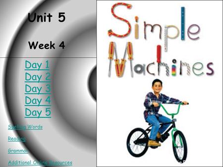 HOME Simple Machines Unit 5 Week 4 Spelling Words Reading Grammar Additional Online Resources Created by Connie Rosenbalm Day 1 Day 2 Day 3 Day 4 Day 5.