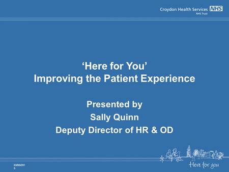 ‘Here for You’ Improving the Patient Experience Presented by Sally Quinn Deputy Director of HR & OD 03/05/2015.