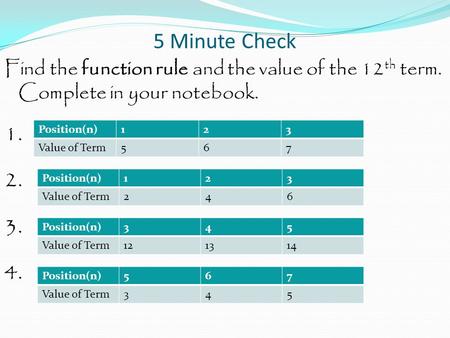 5 Minute Check Find the function rule and the value of the 12th term. Complete in your notebook. 1. 2. 3. 4. Position(n) 1 2 3 Value of Term 5 6 7 Position(n)