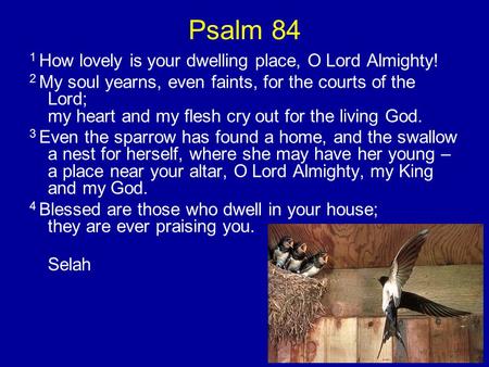 Psalm 84 1 How lovely is your dwelling place, O Lord Almighty! 2 My soul yearns, even faints, for the courts of the Lord; my heart and my flesh cry out.