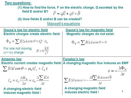 Two questions: (1) How to find the force, F on the electric charge, Q excreted by the field E and/or B? (2) How fields E and/or B can be created? Gauss’s.