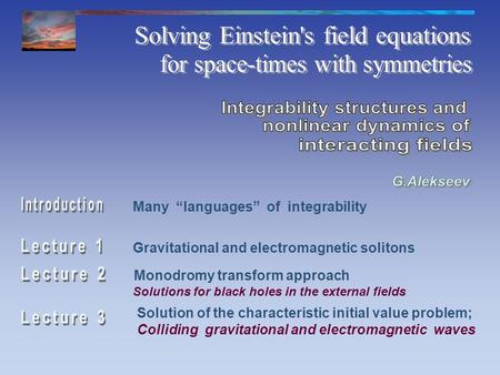Gravitational and electromagnetic solitons Monodromy transform approach Solution of the characteristic initial value problem; Colliding gravitational and.