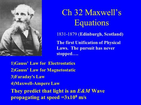 Ch 32 Maxwell’s Equations 1)Gauss’ Law for Electrostatics 2)Gauss’ Law for Magnetostatic 3)Faraday's Law 4)Maxwell-Ampere Law They predict that light is.