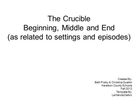 The Crucible Beginning, Middle and End (as related to settings and episodes) Created By: Beth Frisby & Christina Quattro Haralson County Schools Fall 2012.