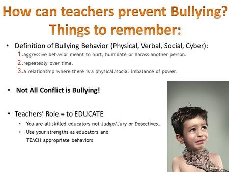 Definition of Bullying Behavior (Physical, Verbal, Social, Cyber): 1. aggressive behavior meant to hurt, humiliate or harass another person. 2. repeatedly.