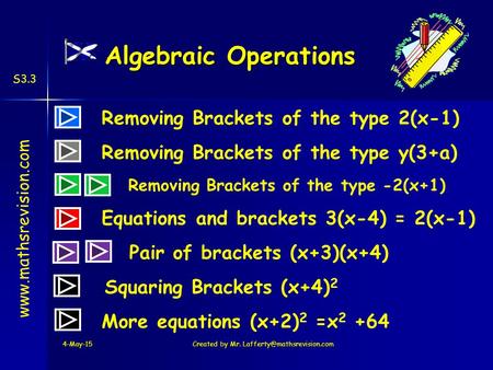 Www.mathsrevision.com S3.3 Algebraic Operations Removing Brackets of the type 2(x-1) Pair of brackets (x+3)(x+4) Removing Brackets of the type y(3+a) Removing.