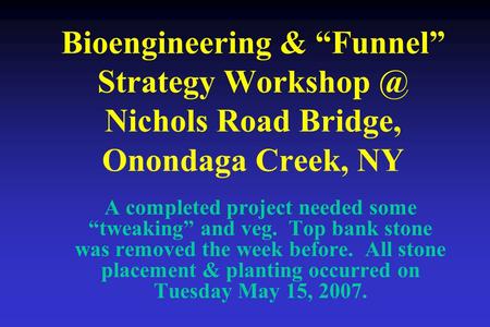 Bioengineering & “Funnel” Strategy Nichols Road Bridge, Onondaga Creek, NY A completed project needed some “tweaking” and veg. Top bank stone.