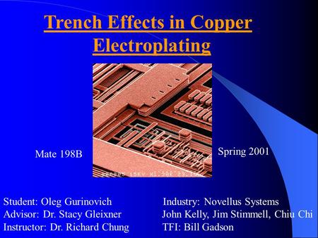 Trench Effects in Copper Electroplating Student: Oleg Gurinovich Industry: Novellus Systems Advisor: Dr. Stacy Gleixner John Kelly, Jim Stimmell, Chiu.