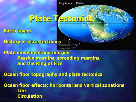 Plate Tectonics Earth layers History of plate tectonics Plate movement and margins Passive margins, spreading margins, and the Ring of Fire Ocean floor.