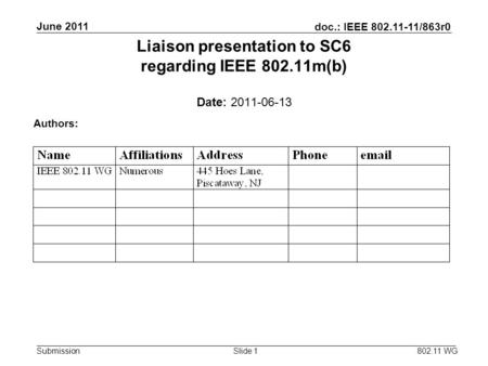 Doc.: IEEE 802.11-11/863r0 Submission June 2011 802.11 WG Slide 1 Liaison presentation to SC6 regarding IEEE 802.11m(b) Date: 2011-06-13 Authors: