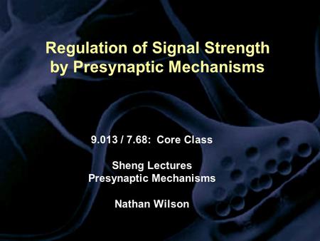 Regulation of Signal Strength by Presynaptic Mechanisms 9.013 / 7.68: Core Class Sheng Lectures Presynaptic Mechanisms Nathan Wilson.