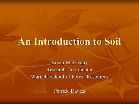 An Introduction to Soil Bryan McElvany Research Coordinator Warnell School of Forest Resources Patrick Davies.
