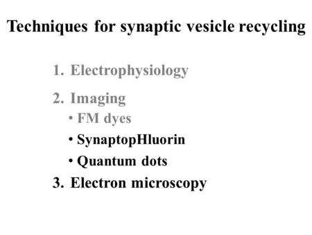 Techniques for synaptic vesicle recycling 1.Electrophysiology 2.Imaging 3.Electron microscopy FM dyes SynaptopHluorin Quantum dots.
