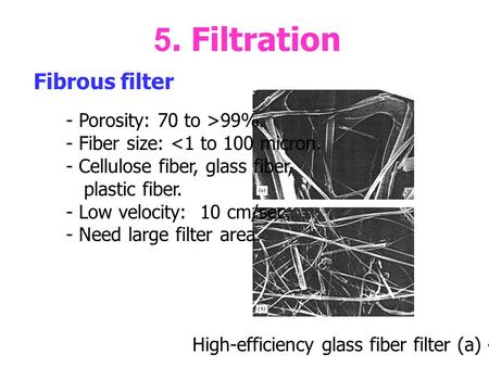 5. Filtration Fibrous filter High-efficiency glass fiber filter (a) 4150x (b) 800x. - Porosity: 70 to >99%. - Fiber size: 