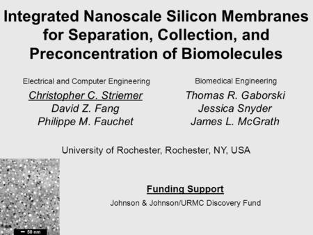 Integrated Nanoscale Silicon Membranes for Separation, Collection, and Preconcentration of Biomolecules Thomas R. Gaborski Jessica Snyder James L. McGrath.